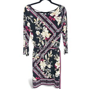 Floral Border Print Black & Cream Women's Dress